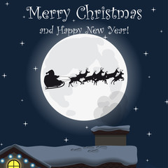 Merry Christmas and Happy New Year. Family house at night. Winter. Santa Claus and reindeer. Flat design. For your project. Vector Illustration