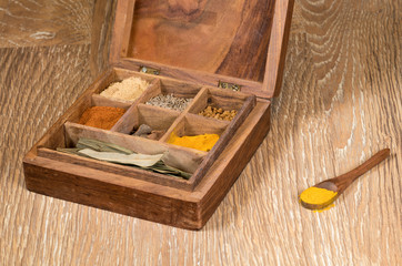 Collection of Indian spices in wooden box