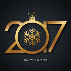 2017 Happy New Year greeting card with golden christmas ball and snowflake on black background. Vector illustration.