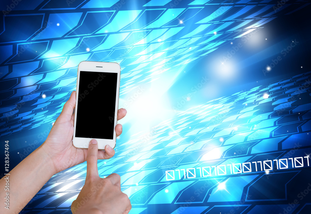 Wall mural hand holding touch screen smart phone with technology background and abstract digital tech circle.