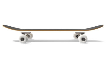 3d rendring disassembled schematic skateboard on white background, side view.