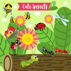 Cute Insects Animal cartoon in the garden. Bee. Ant. Ladybird. Ladybug. Butterfly. Grasshopper. Dragonfly. Queen Bee. Vector illustration. Set 2.
