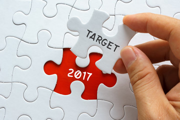 Hand holding piece of jigsaw puzzle with word TARGET 2017