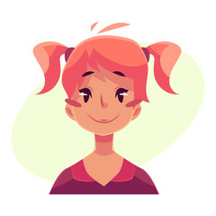 Teen girl face, neutral facial expression, cartoon vector illustrations isolated on yellow background. Red-haired girl emoji face feeling glad, serene, relaxed, delighted. Neutral face expression