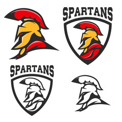 Set of emblems with  Spartan helmet . Design element for logo, label, sign, brand mark. Vector illustration.