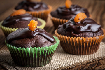 Freshly baked chocolate muffins.