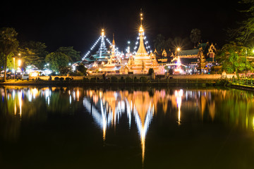 Thailand temple pagoda light up at night