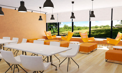 Seating in modern restaurant interior, 3D rendering