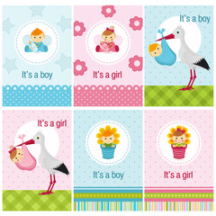 set of cards with baby girl and boy - vector illustration, eps

