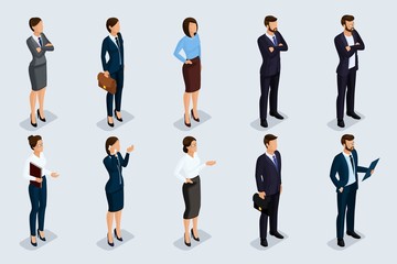 Isometric set of men and women in business attire, of a corporate code of business people. Businessmen on a gray background, isolated. Vector illustration
