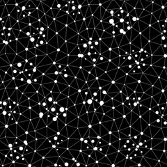 Vector monochrome seamless pattern. Dark repeat abstract background with thin lines, chaotic dots. Digital dynamical surface, net illustration. Black & white texture. Design for prints, decoration
