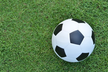 Fototapeta na wymiar Football or soccer ball on the lawn with copy space for text,outdoor activities.