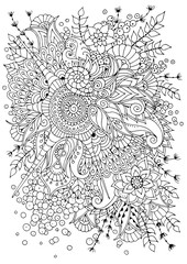 Obraz premium Hand drawn backdrop. Coloring book page for adult and older children. Black and white abstract floral pattern.