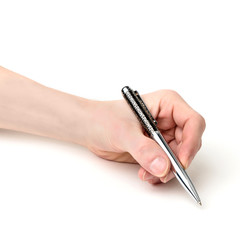 Man hand with pen isolated on white background