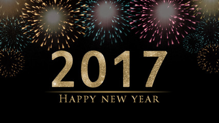 2017 New Year's eve illustration, card with colorful fireworks and sparkling, golden,  Happy New Year text on black background 