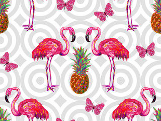 Naklejka premium Summer jungle pattern with tropical butterflies, flamingo and pineapple vector background. Beautiful exotic pattern. Perfect for wallpaper, pattern fill, web page background, surface textures, textile