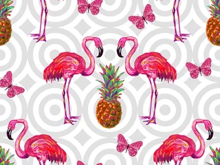 Keuken foto achterwand Flamingo Zomer jungle patroon met tropische vlinders, flamingo en ananas vector achtergrond. Mooi exotisch patroon. Perfect voor behang, patroonvulling, webpagina-achtergrond, oppervlaktestructuren, textiel