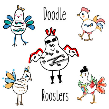 Doodle rooster birds vector set. Funny Cocks in hand drawn, sketch style, isolated design elements