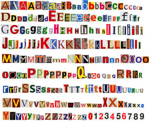 Newspaper alphabet with letters and numbers.