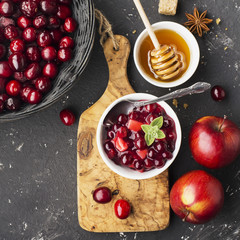 Home Relish sauce of apples and cranberries for submission to various dishes  the family dinner. The concept  the classic seasonal . Selective focus, top view