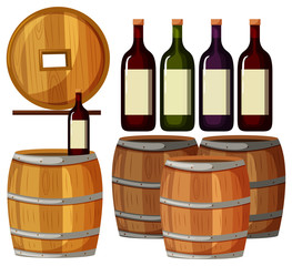 Wine bottles and wooden barrels