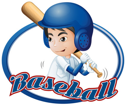 Label design with boy playing baseball
