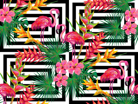 Summer jungle pattern with with flamingo, palm leaves and flowers vector background. Floral background. Perfect for wallpapers, pattern fills, web page backgrounds, surface textures, textile