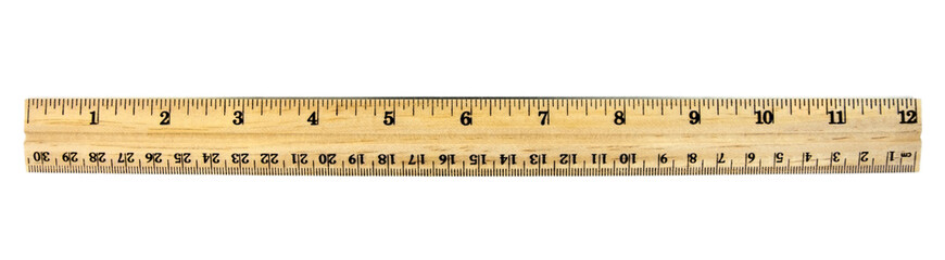 Standard 12-inch centimeter wood ruler. Horizontal.