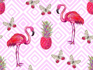 Fototapete Flamingo Summer jungle pattern with tropical butterflies, flamingo and pineapple vector background. Beautiful exotic pattern. Perfect for wallpaper, pattern fill, web page background, surface textures, textile