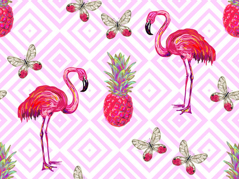 Summer jungle pattern with tropical butterflies, flamingo and pineapple vector background. Beautiful exotic pattern. Perfect for wallpaper, pattern fill, web page background, surface textures, textile