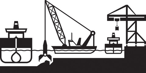 Dredger ship deepens port - vector illustration - obrazy, fototapety, plakaty