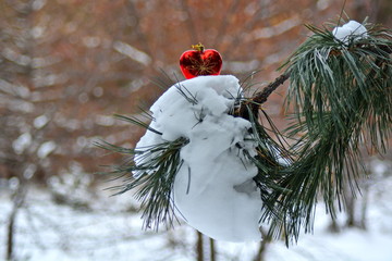 новогодняя рождественская праздничная елочная игрушка украшение красное сердце на необычном снежном сугробе на хвое ели - obrazy, fototapety, plakaty