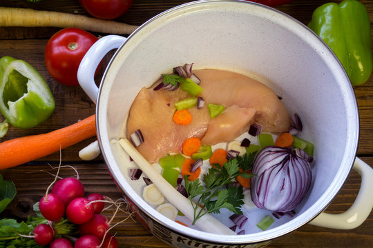 Preparation of chicken soup in the pot