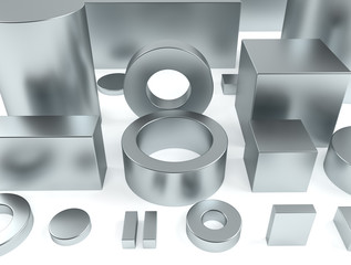 Metal shapes iron and neodymium magnets 3D Rendering