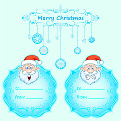 Santa Claus Gift cards. Christmas with vintage frame and Christmas wishes in English winter. Holidays sticker set 