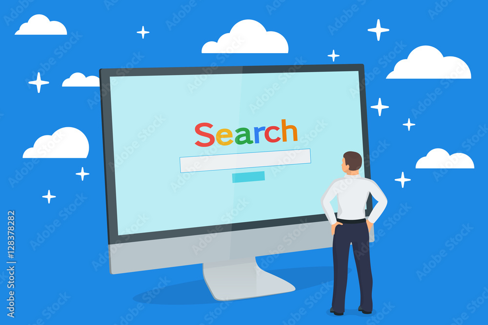 Poster simple browser window. computer monitor. search engine on the screen. a man looks at a monitor. brow