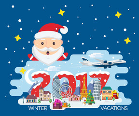 Naklejka premium Merry Christmas banner in flat style. Traveling in time of vacation by plane. Travel to Europe. The winter holiday. Flat Santa Claus. Happy New Year 2017. Europe winter town vector illustration