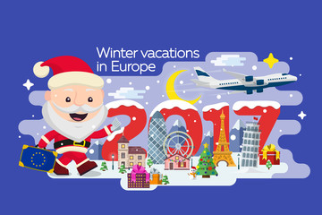 Naklejka premium Merry Christmas banner in flat style. Traveling in time of vacation by plane. Travel to Europe. The winter holiday. Santa Claus with a suitcase and tickets in hands. Happy New Year 2017.