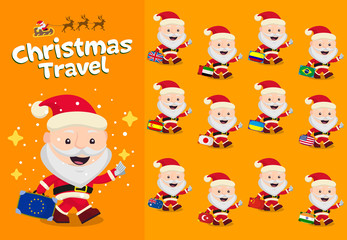 Christmas travel. Santa Claus carrying a suitcase. New Year and winter travel Characters cute flat. Suitcase with different country flags. Flags Britain, UAE, China, India, Japan, USA. Flat icons.