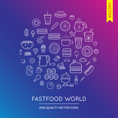 Vector Set of Fast Food Modern Flat Thin Icons Inscribed in Roun