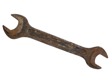 Old rusty wrench on the white background