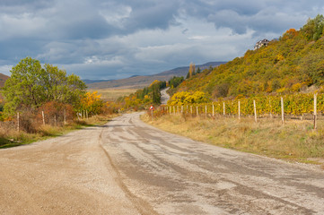 Mountain landscape with road leading to Isobilnoe village near Alushta city, Crimean peninsula