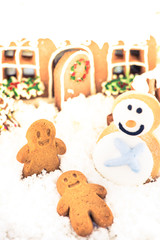 Funny gingerbread kids play on snow