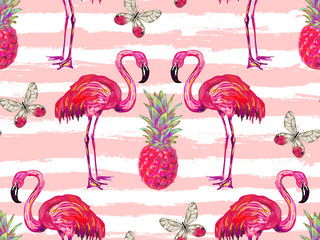 Obraz premium Letni wzór dżungli z tropikalnych motyli, flaminga i ananasa tło wektor. Piękny egzotyczny wzór. Idealne do tapet, wypełnień deseniem, tła strony internetowej, tekstur powierzchni, tekstyliów