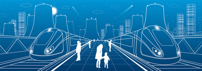 Railway station, people waiting for the trains, thermal power plant, industrial and transport illustration, night city, white lines ob blue background, vector design art