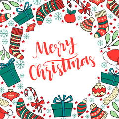 Merry Christmas greeting card with hand drawn lettering and wint