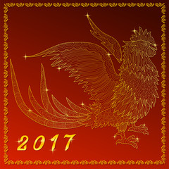Fototapeta na wymiar Gold flying doodle rooster on red background. Cockerel symbol of year in 2017 by the zodiac calendar of China.