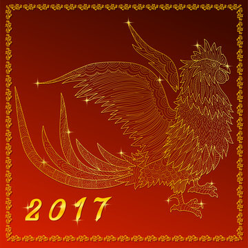 Gold flying doodle rooster on red background. Cockerel symbol of year in 2017 by the zodiac calendar of China.