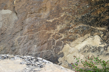 Prehistoric rock carvings petroglyph in Gobustan, Azerbaijan