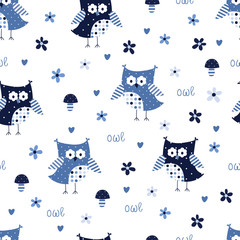 Seamless pattern with cute owls and floral elements